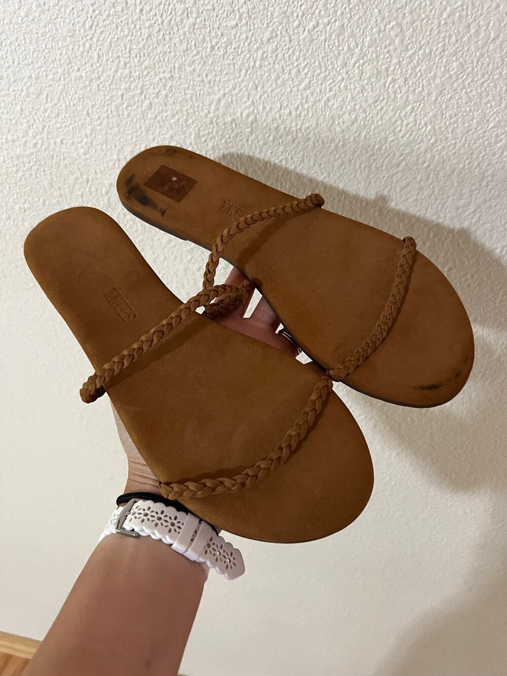 TKEES Gemma Camel Brown Braid double strap leather sandals WOMENS 9